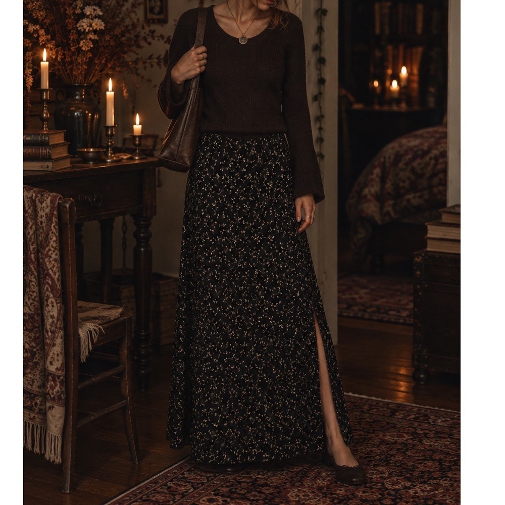 Vtg Y2K 90s Floral Maxi Skirt sz 14 Practical Magic Dark Romantic Whimsigoth